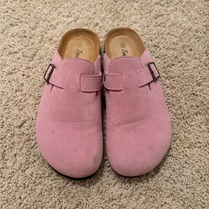 Pink Suede Slip-On Clogs with Buckle